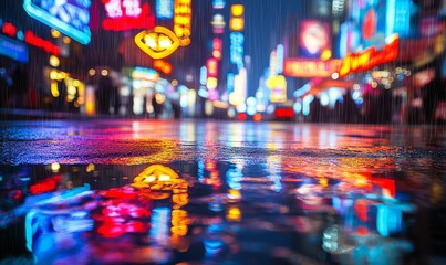 Blurry city lights reflected in wet pavement.