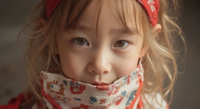 MinJi - Charming Girl in Floral Bandana and Red Top, Capturing Sweet and Stylish Childhood Fashion Moment
