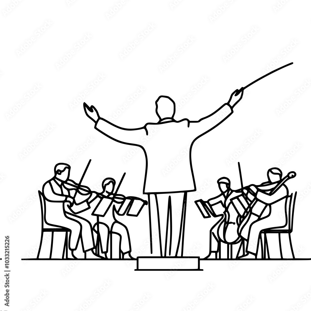 Poster contour vector drawing of a conductor on a pedestal and an orchestra of violins, made in a minimalis
