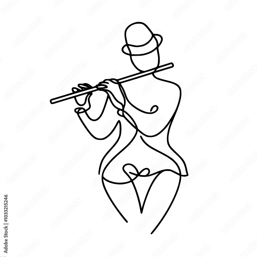 Poster linear vector minimalistic drawing of a flautist in a hat playing the flute, made in a minimalistic 