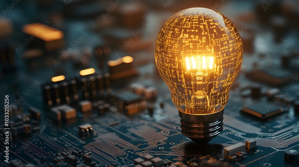 Poster illuminated light bulb with circuit board pattern on a motherboard