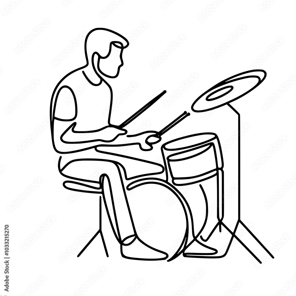 Poster linear vector outline drawing of a man playing a drum set, done in a minimalist style with one conti