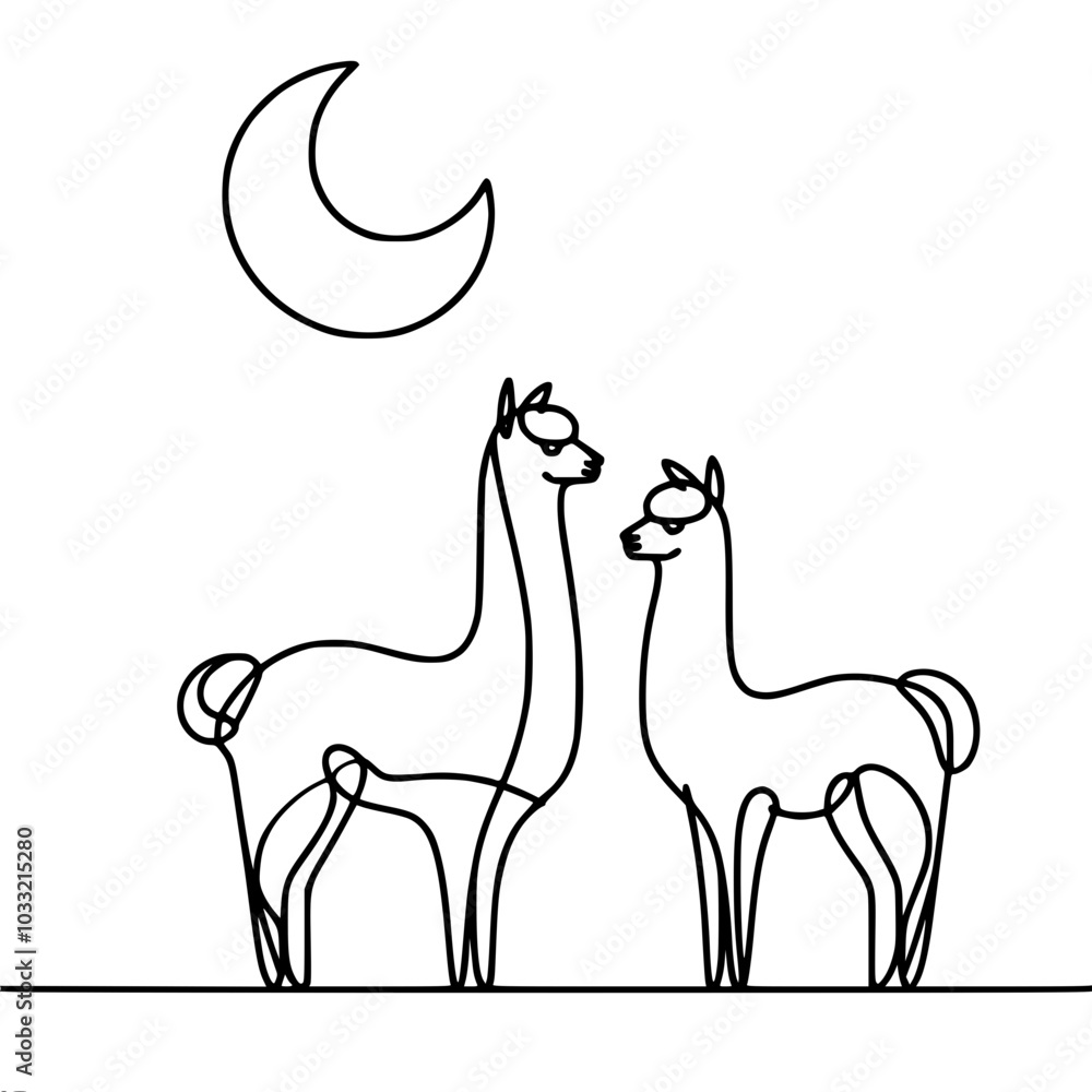 Poster contour vector minimalistic drawing of two llamas under the moon, made in a minimalist style with co