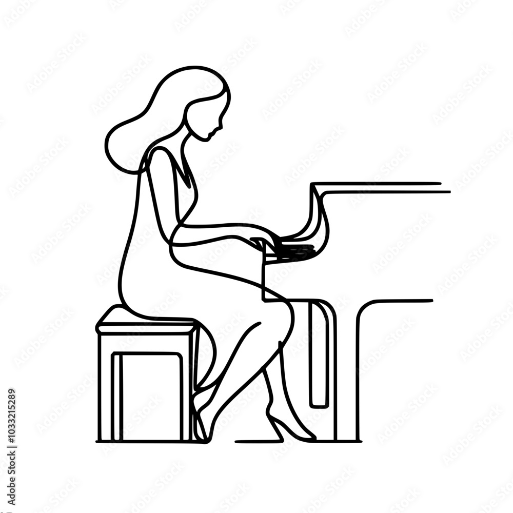 Poster side view contour vector sketch of a woman playing the piano, done in a minimalist style with one co
