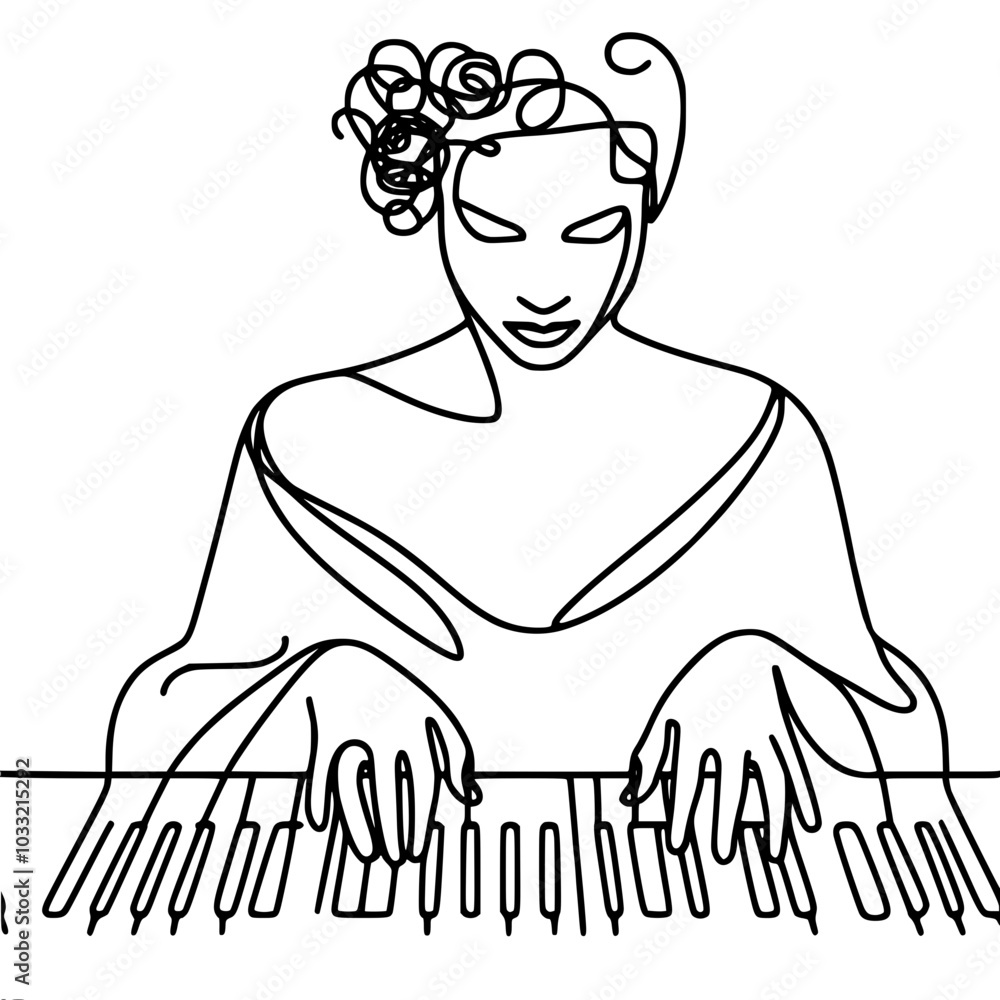 Poster outline vector drawing of a curly-haired woman playing the piano, front view, close up, done in a mi