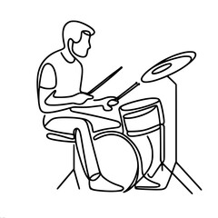 Linear vector outline drawing of a man playing a drum set, done in a minimalist style with one continuous line.