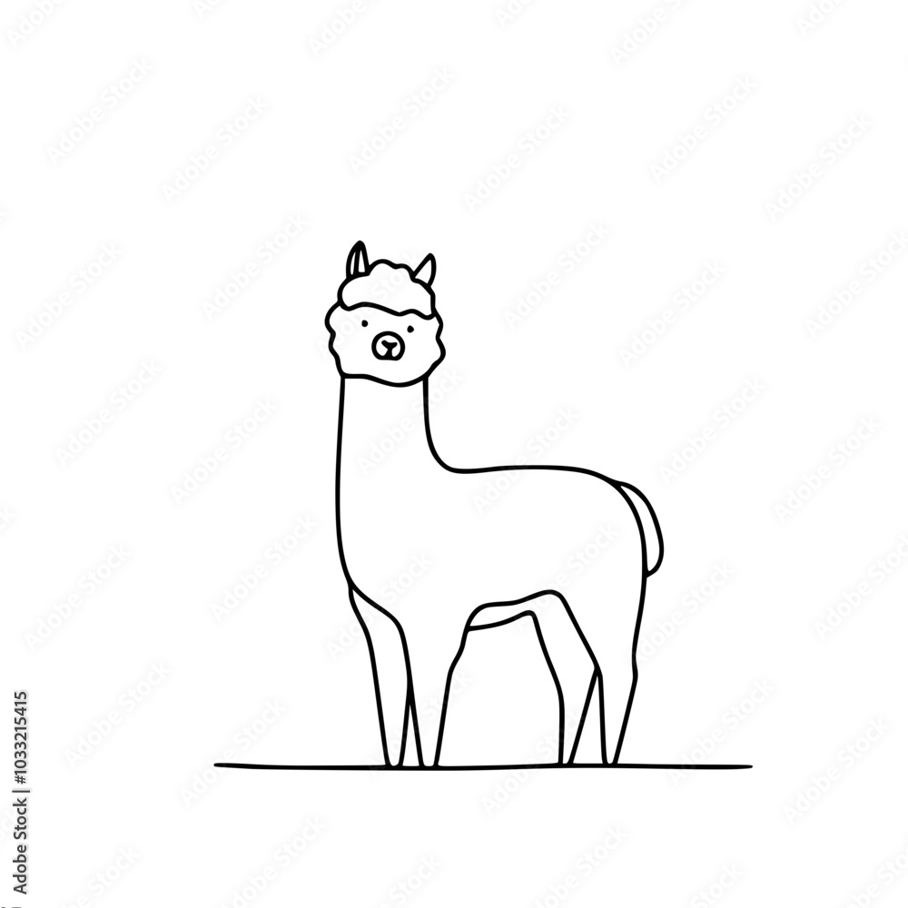 Poster linear vector contour drawing of a llama on a white background, made in a minimalist style.
