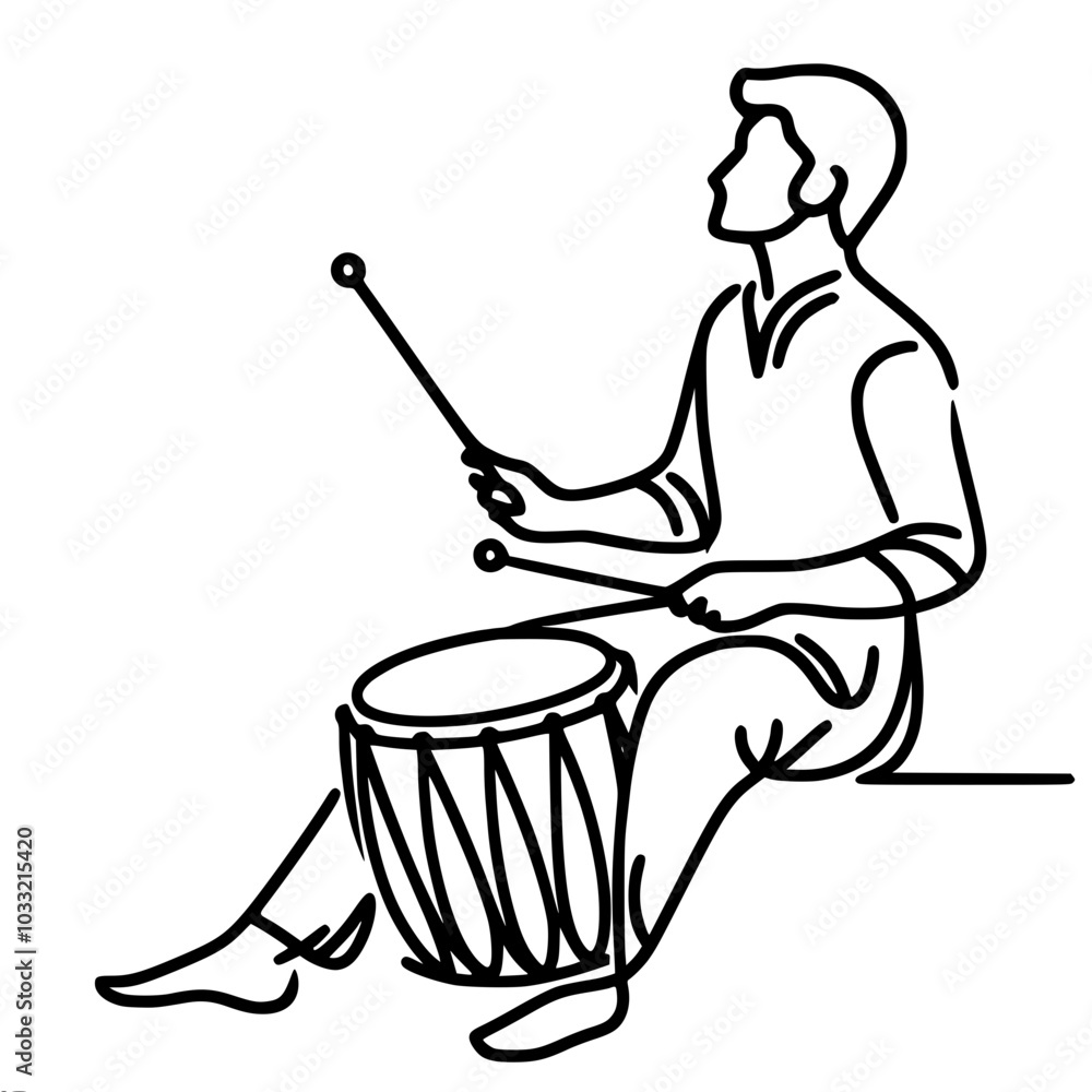 Poster linear vector contour drawing of a seated man playing a drum, done in a minimalist style with one co