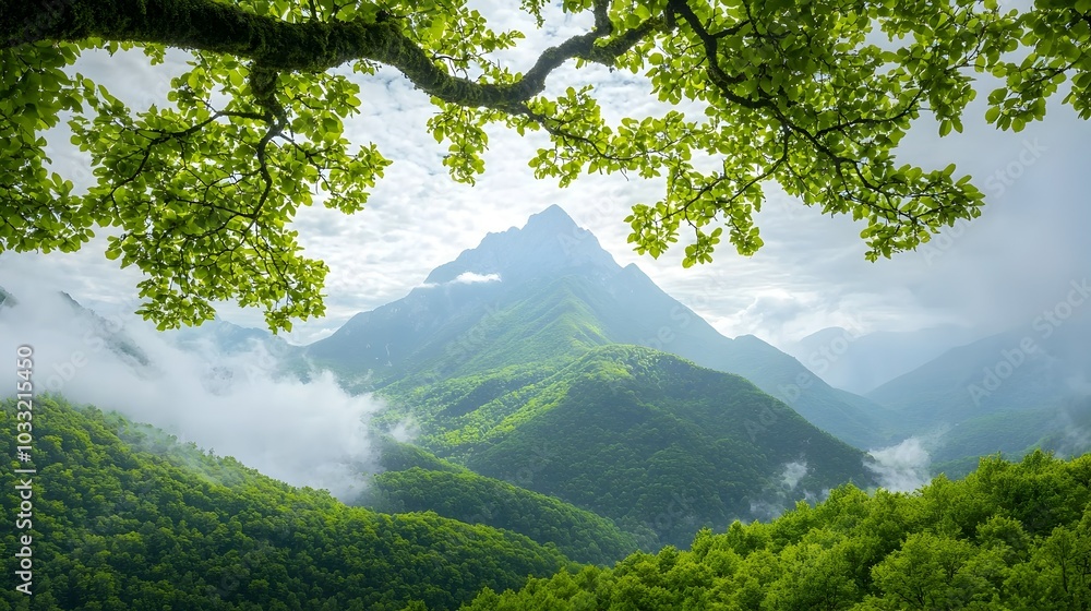 Poster majestic mountain peak in the distance its grandeur accentuated by the blurred framing tree branches