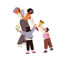 Happy children presenting flowers to favourite teacher. Kids give bouquets to woman to appreciate, thank. Celebrating of Teachers Day in school. Flat isolated vector illustration on white background