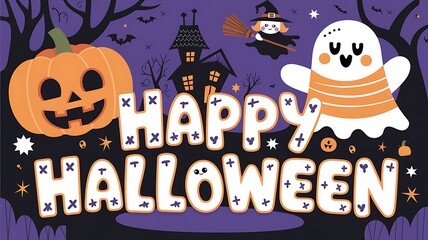Happy Halloween Greeting with Cartoon Characters and Icons