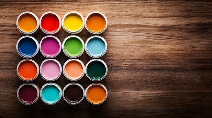 Open paint cans with vibrant shades, wooden texture background, color palette swatches nearby, artistic composition, top view
