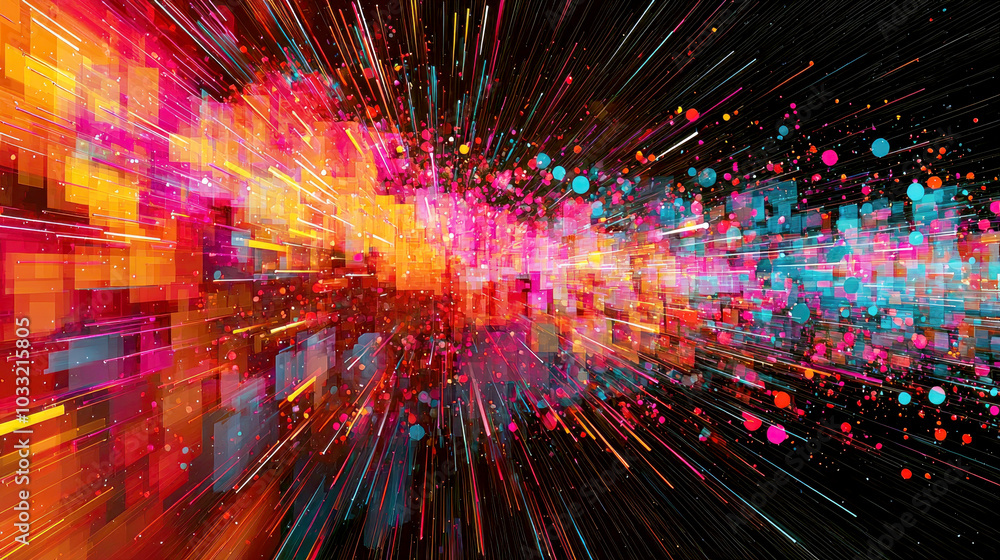 Poster a vibrant abstract design depicting dynamic movement and energy through colorful particles.