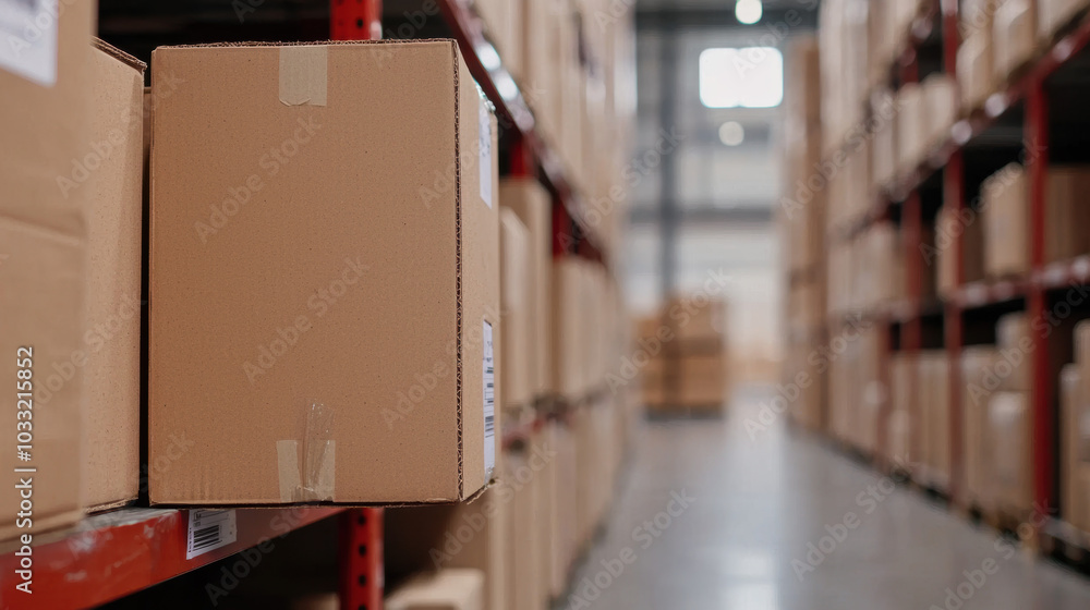 Poster a close-up view of a cardboard box on a shelf in a warehouse, surrounded by stacked boxes, highlight