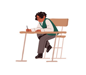 Fototapeta premium Student at the desk does homework, prepares for test, exam. Child writing, learning at lesson. Boy studies in class. Elementary school education. Flat isolated vector illustration on white background