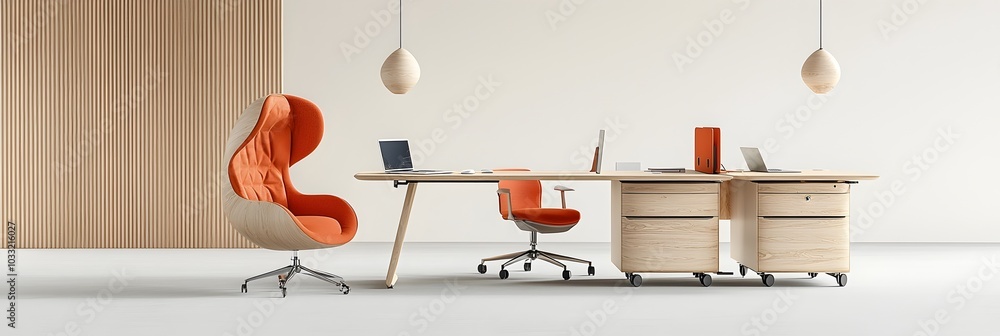 Aufkleber Neatly arranged modern office desks with laptops in a minimalistic and organized workspace design  Efficient and professional business workstation setup