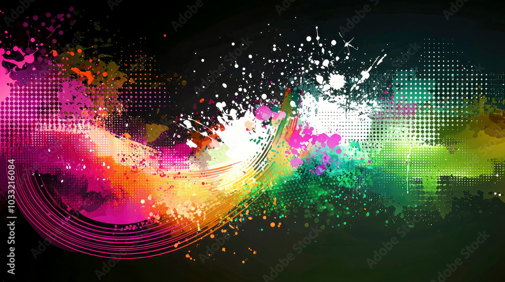 Poster a vibrant abstract design featuring colorful splashes and patterns on a dark background.