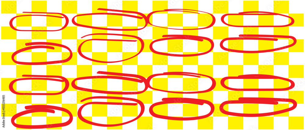 Poster set of sketches of drawn circular line. a set of ellipse doodles. sketch ovals, bubbles to circle an