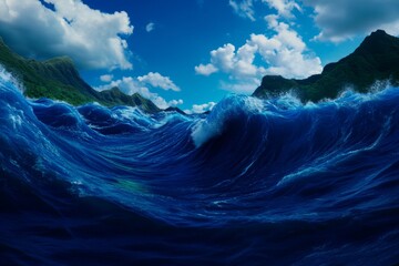 Fototapeta premium Dynamic Ocean Waves Crashing Against Lush Green Mountains, A Powerful Display of Nature's Force. Generative AI