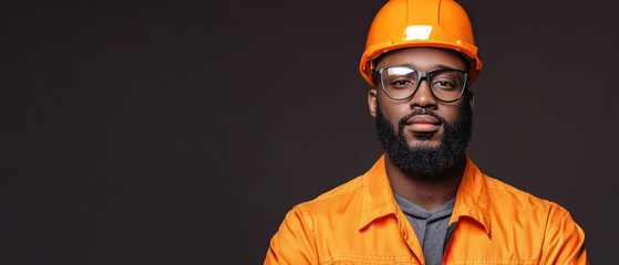 A confident worker in an orange safety outfit and helmet poses against a dark background, promoting safety and professionalism in construction.