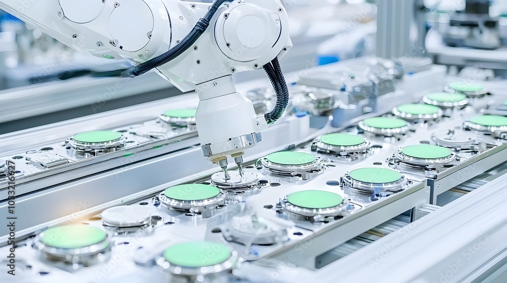 Fototapete robotic arm with magnets attached picking up and transporting metal components along an automated as