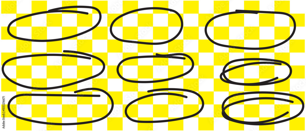 Poster set of sketches of drawn circular line. a set of ellipse doodles. sketch ovals, bubbles to circle an