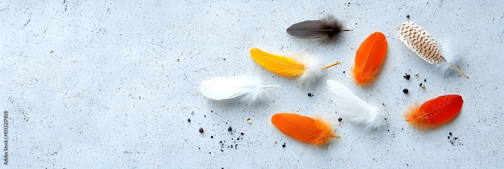 Poster Scattered feathers resting gently on the ground showcasing their delicate textures and muted natural colors  This composition evokes a sense of tranquility and beauty in the natural world