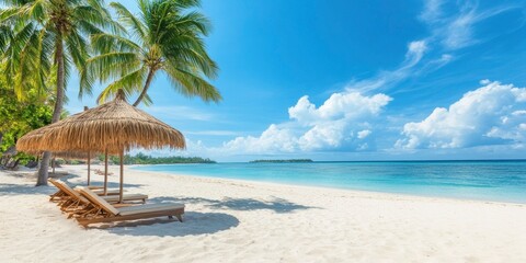 Obraz premium A beautiful tropical beach with palm trees and sun loungers under straw umbrellas on white sand, with a blue sea view.
