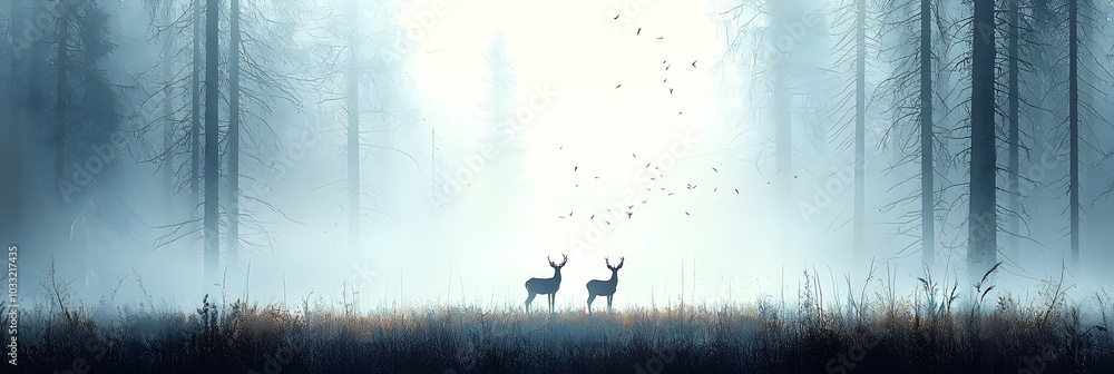 Poster silhouettes of graceful deer standing at the edge of a misty mystical forest landscape creating a ca