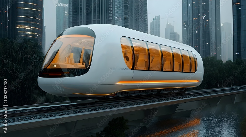 Poster sleek and streamlined floating high speed train gliding effortlessly on magnetic tracks demonstratin