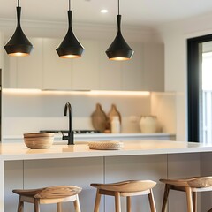 A diamond shape lights with black marble and wooden touch kitchen design