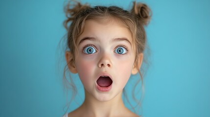 Portrait of a 9-year-old girl appearing shocked, with wide eyes and an open mouth, set against a clean, contrasting background. Highlights surprise and disbelief. High resolution Illustration, in the