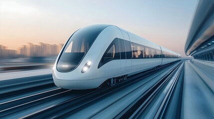 Obraz premium Sleek and futuristic high speed train hovering above magnetic tracks showcasing the innovative magnetic levitation technology that can enable fast efficient