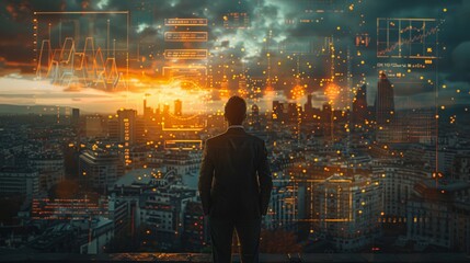 The businessman, on a rooftop terrace, gestures towards market trends in the sky, with the city is architectural blend captured in his reflective gaze.