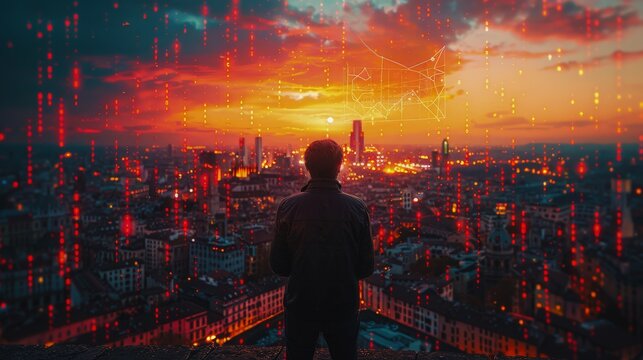 On a rooftop terrace, the businessman points to a digital graph overlay in the sky, with reflection photography capturing his thoughtful gaze over the cityscape. - Powered by Adobe