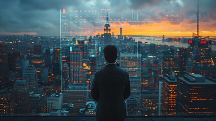 A CFO analyzes financial data on a large digital screen in a modern office with a view of Phnom Penh's skyline, merging data with the cityscape, symbolizing financial insight and urban growth.