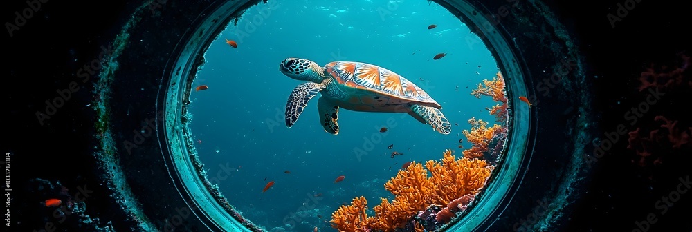 Poster stunning image of a turtle gracefully gliding through a colorful underwater landscape filled with vi