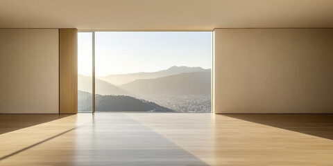 Minimalist interior design featuring a large window overlooking mountain landscape at sunrise