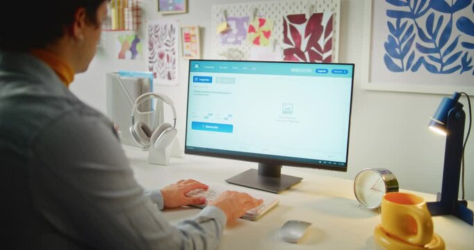 Young man types prompt in AI image generator on PC. Artificial intelligence software generates detailed photo of steampunk airship. From text prompt to realistic generated image. Automated artwork.