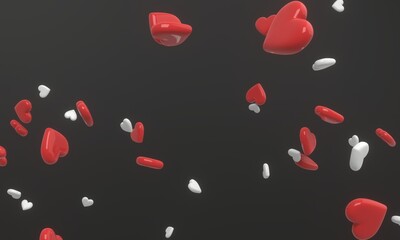 Glossy hearts flying in the air on the black background. Modern cover design. 3d illustration.