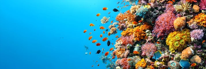 Stunning underwater scene capturing the vibrant and diverse marine life thriving within a lush coral reef ecosystem  Colorful schools of fish swimming in harmony create a captivating seascape © thanarak