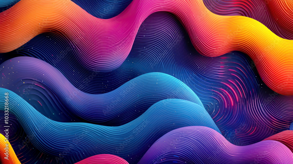 Poster a vibrant abstract wave pattern with flowing lines and gradients in various colors.