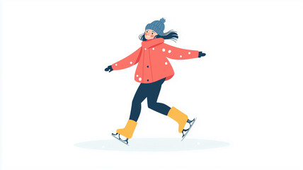 Fototapeta premium vector style that is colorful, simple, and minimalistic, in a cartoon style a female figure Skating on ice isolated on white background. Talented woman figure skating, winter sports, design element fo