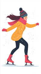 vector style that is colorful, simple, and minimalistic, in a cartoon style a female figure Skating on ice isolated on white background. Talented woman figure skating, winter sports, design element fo