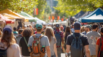 A bustling outdoor market with people walking through stalls filled with local produce, creating a lively and colorful street scene.