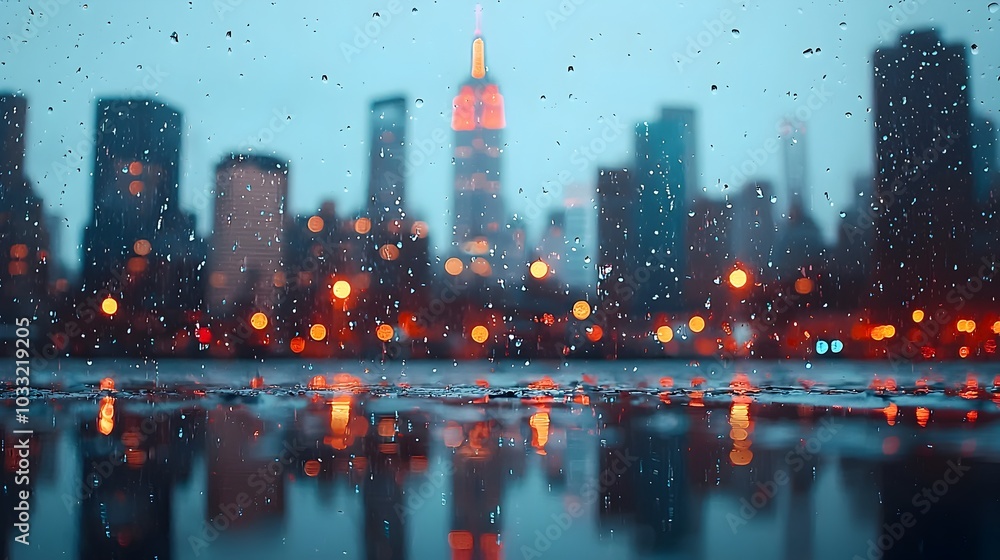Poster a captivating cityscape draped in a soft ethereal glow with distant skyscrapers and buildings illumi
