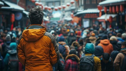 Obraz premium A man in a yellow jacket addressing a crowd in a bustling outdoor market, with vibrant stalls and people, creating an energetic street scene.