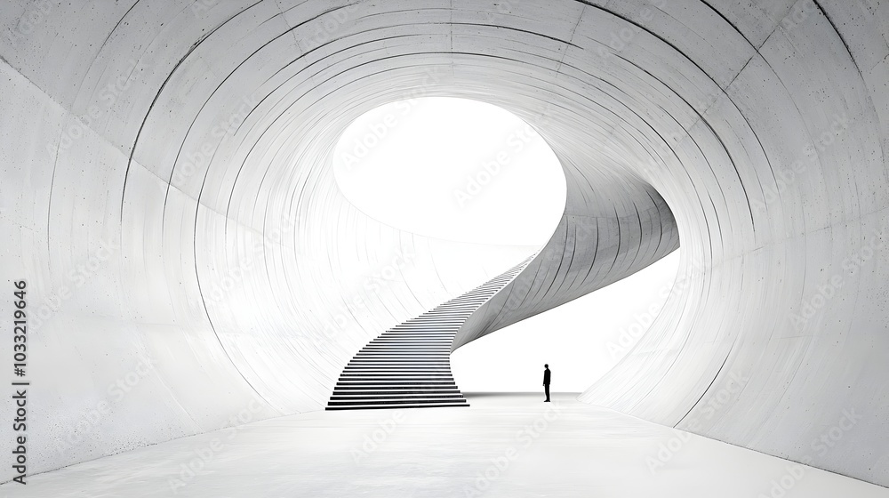 Poster a mesmerizing spiral staircase twisting into an endless mbius strip symbolizing the boundless and pe