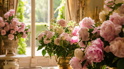 Obraz premium Wedding decoration with peonies, floral decor and event celebration, peony flowers and wedding ceremony in the garden, English country style