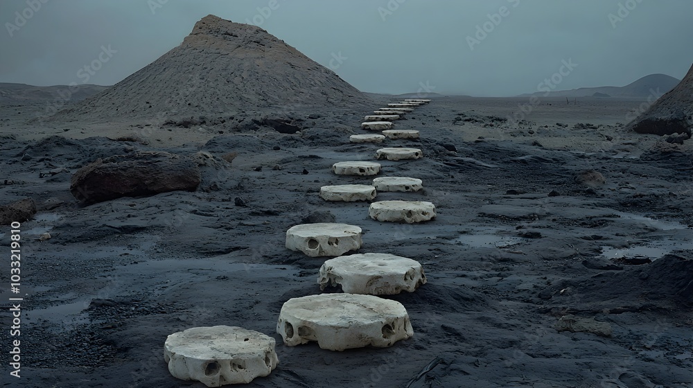 Aufkleber A series of skulls arranged like stepping stones leading the viewer into a mysterious and unknown landscape  This haunting and conceptual image evokes a sense of darkness mortality